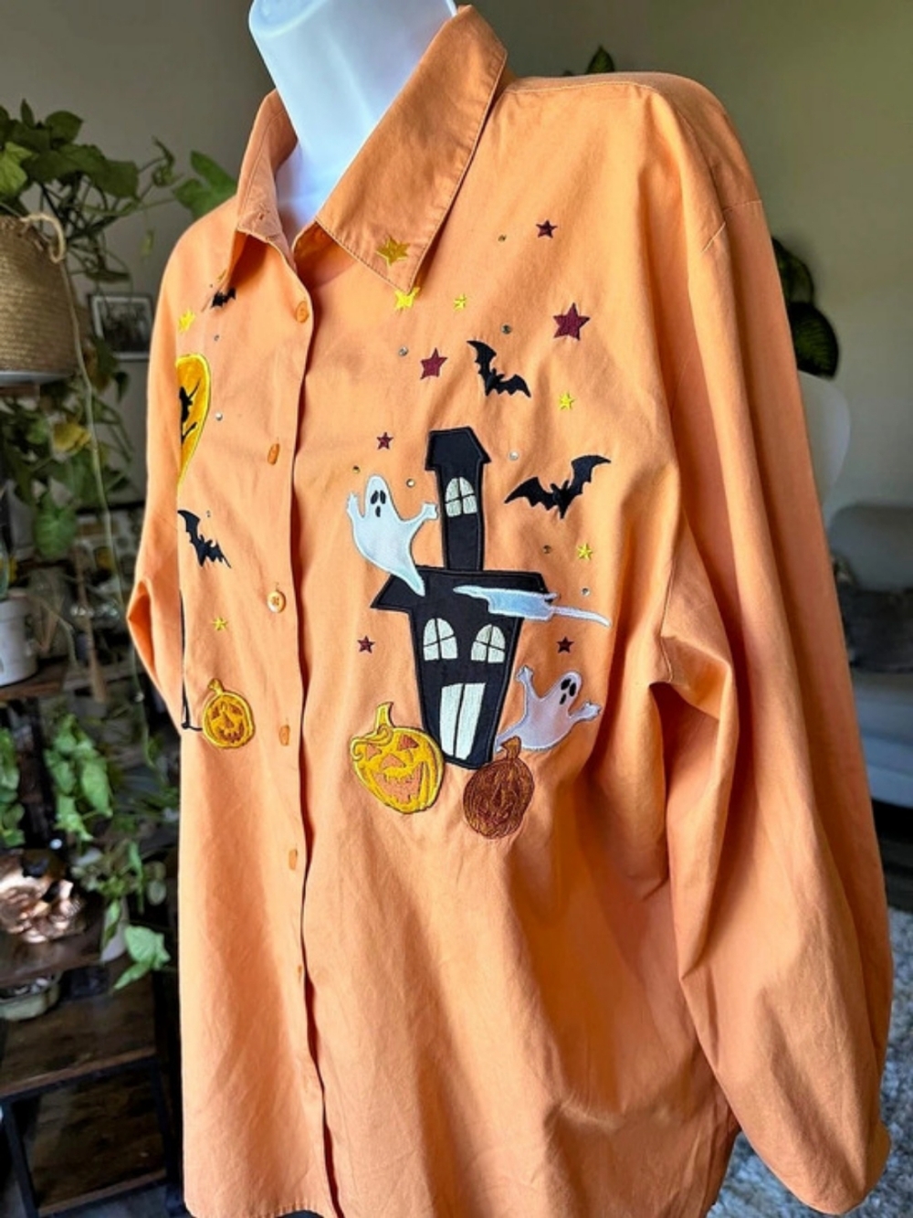Vintage Karen Scott Halloween Orange Button Up Halloween Bats Ghost Witches